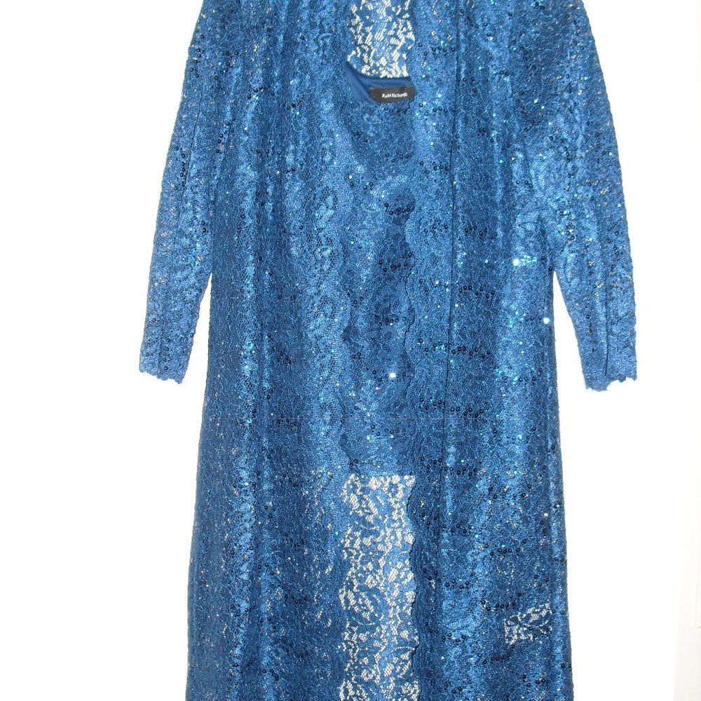 R & M Richards Blue Lace Sequin Top with Long Jacket - Size 10